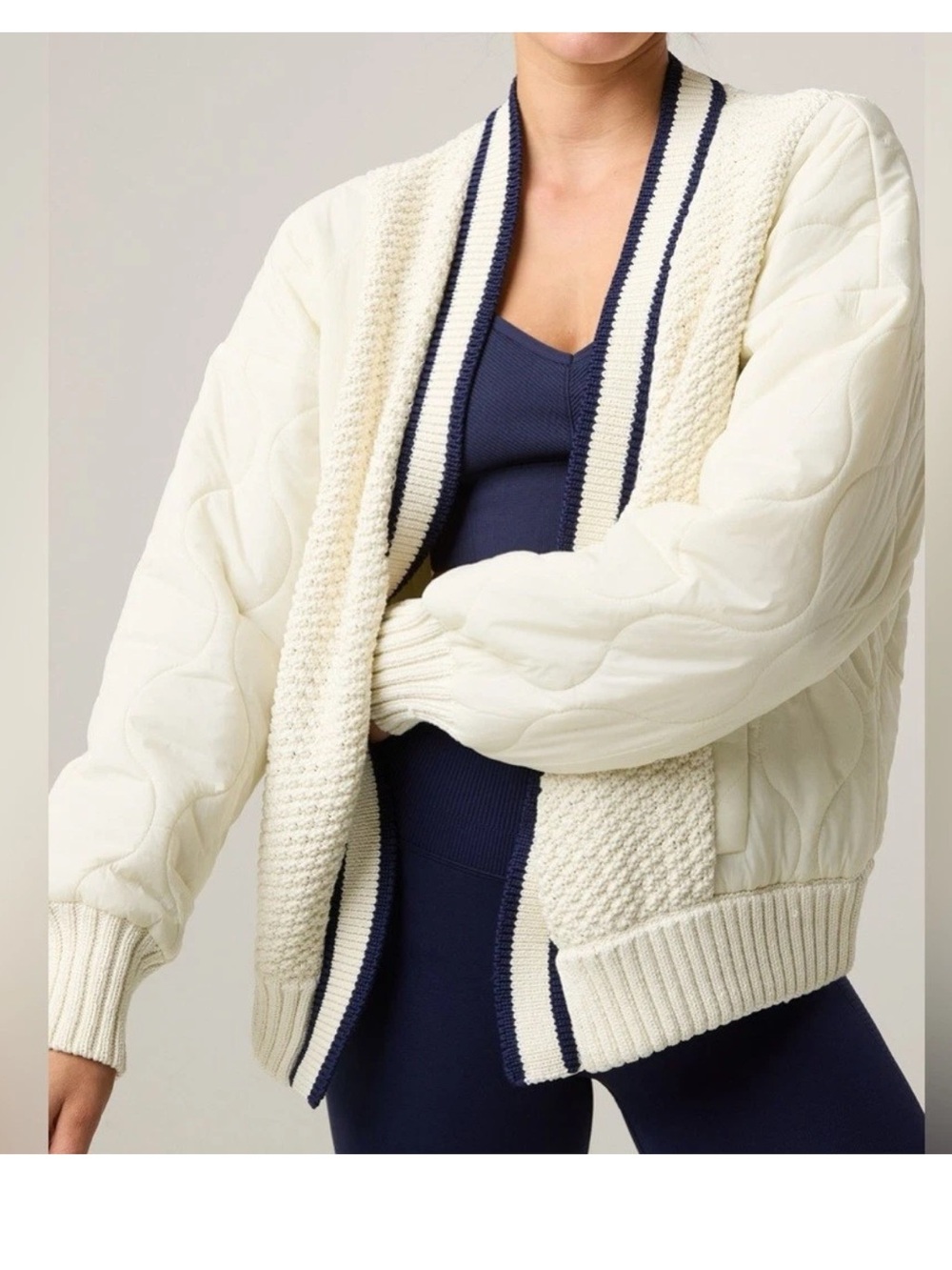 Offline by Aerie Quilted Knit Cardigan Puffer Cream Navy Oversized Sweater med